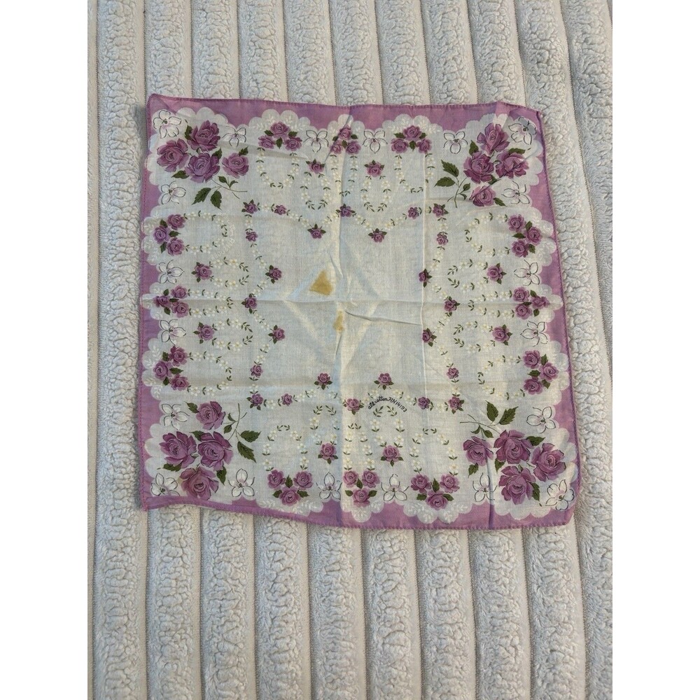 Vintage Tuside Floral 100% Cotton Handkerchief Cream Purple Roses